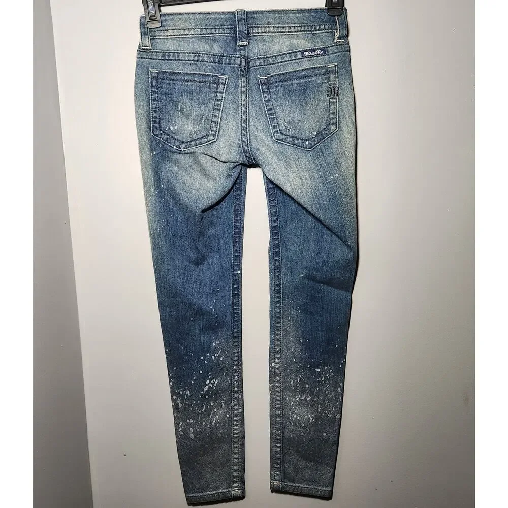 Miss Me Mid Rise Skinny Jeans Women's 26 Blue Denim Paint Splatter Distressed